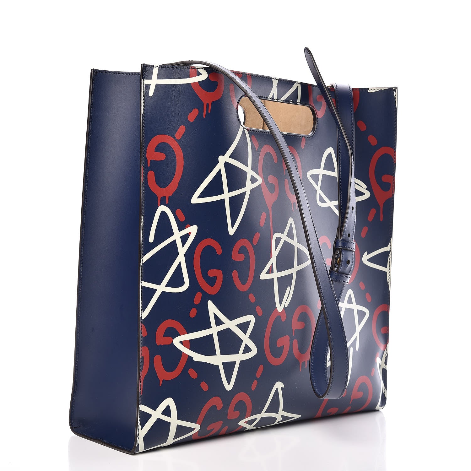 Gucci Calfskin GucciGhost Medium XL Tote Blue Agata Hibiscus Red 3 of 9