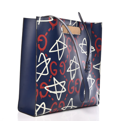 Gucci Calfskin GucciGhost Medium XL Tote Blue Agata Hibiscus Red 3 of 9
