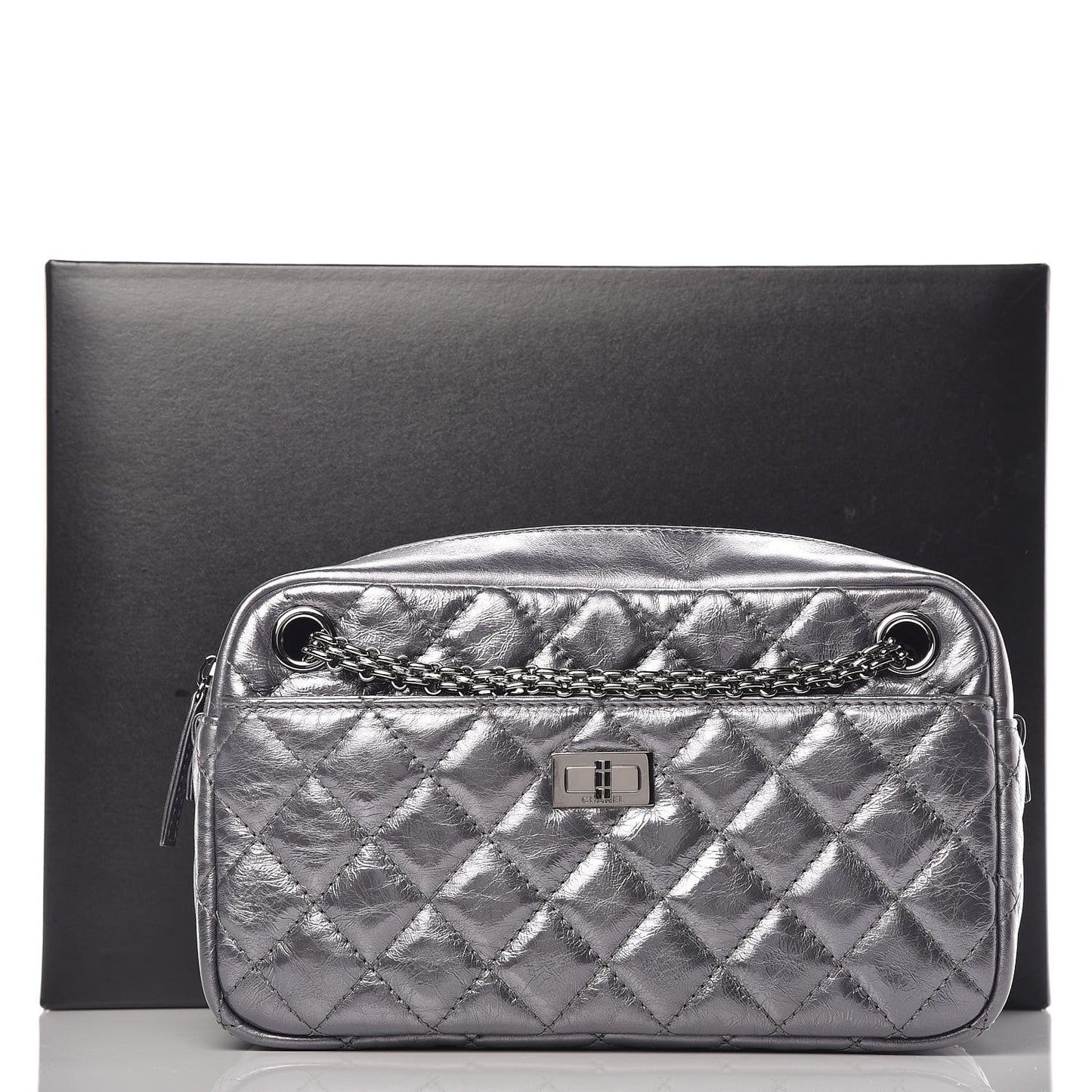 Metallic Aged Calfskin Quilted Medium Reissue Camera Case Dark Silver