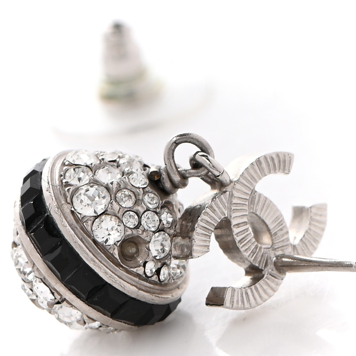 Crystal CC Drop Earrings Black Silver