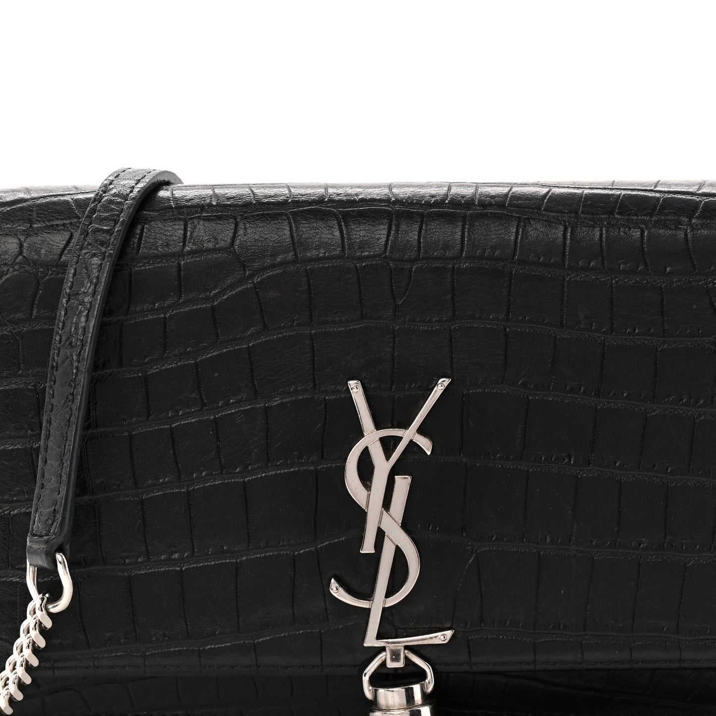 Calfskin Crocodile Embossed Kate Monogram Tassel Chain Wallet Black