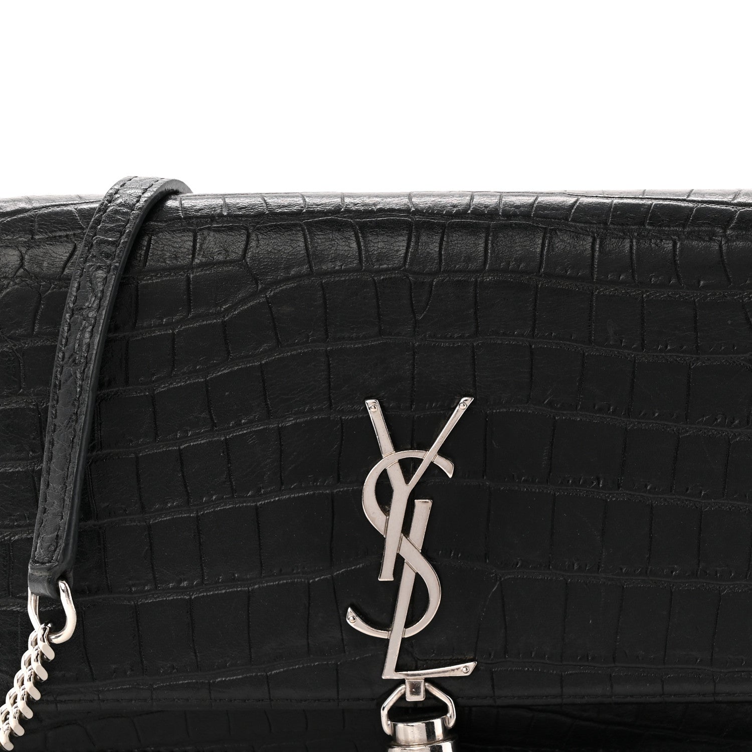 Saint Laurent Calfskin Crocodile Embossed Kate Monogram Tassel Chain Wallet Black 7 of 9