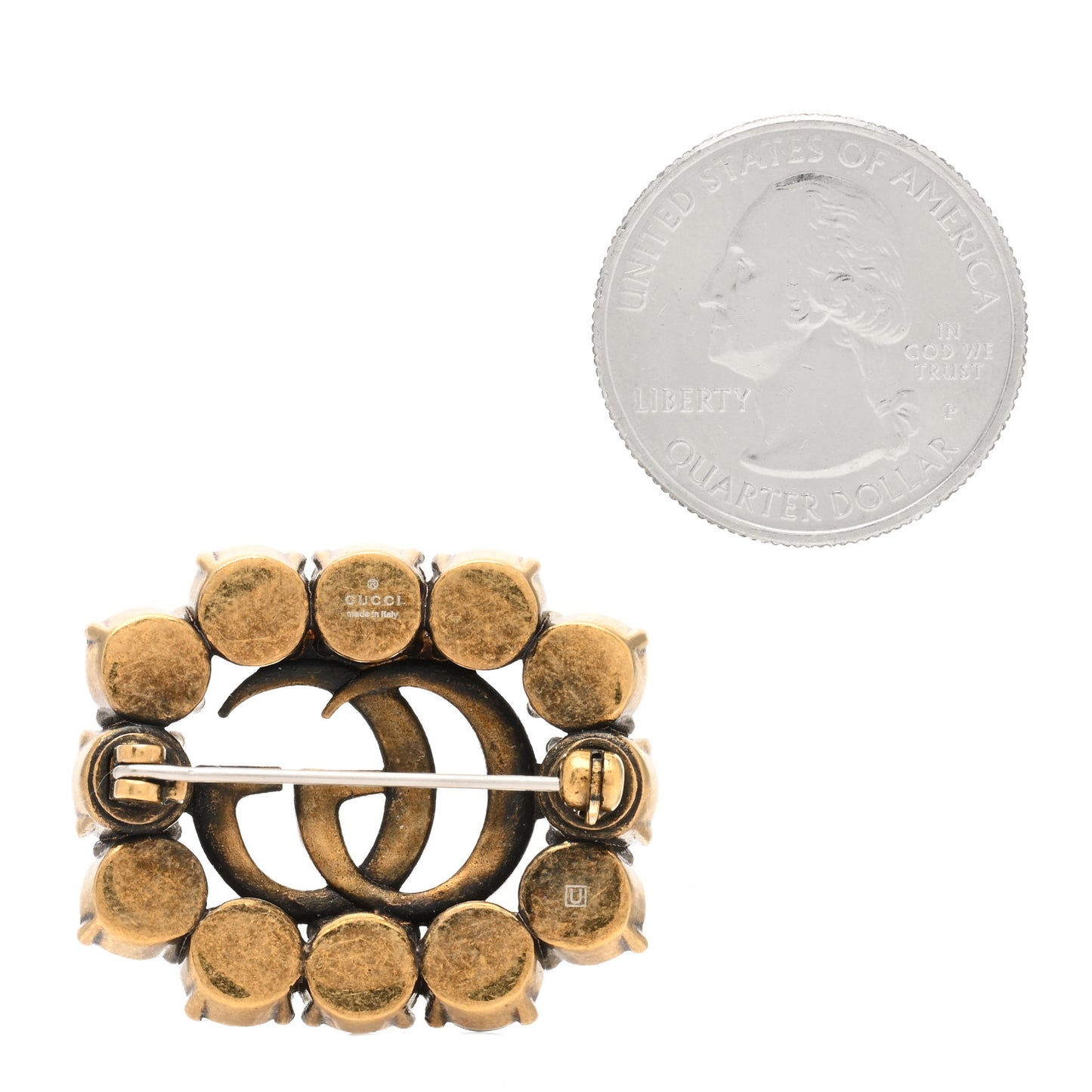 Metal Crystal Double G Brooch Aged Gold Green