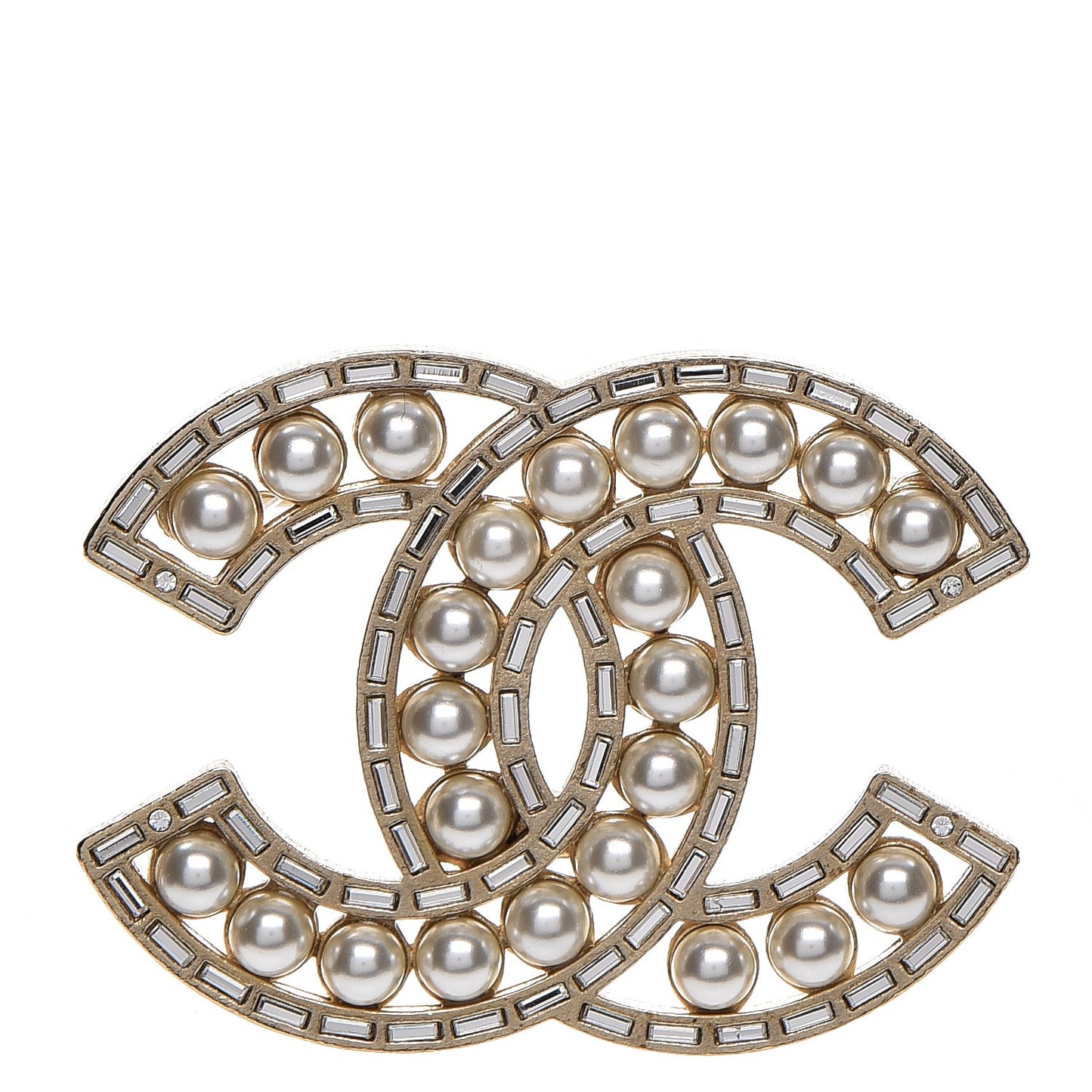 Pearl Crystal Baguette CC Brooch Gold