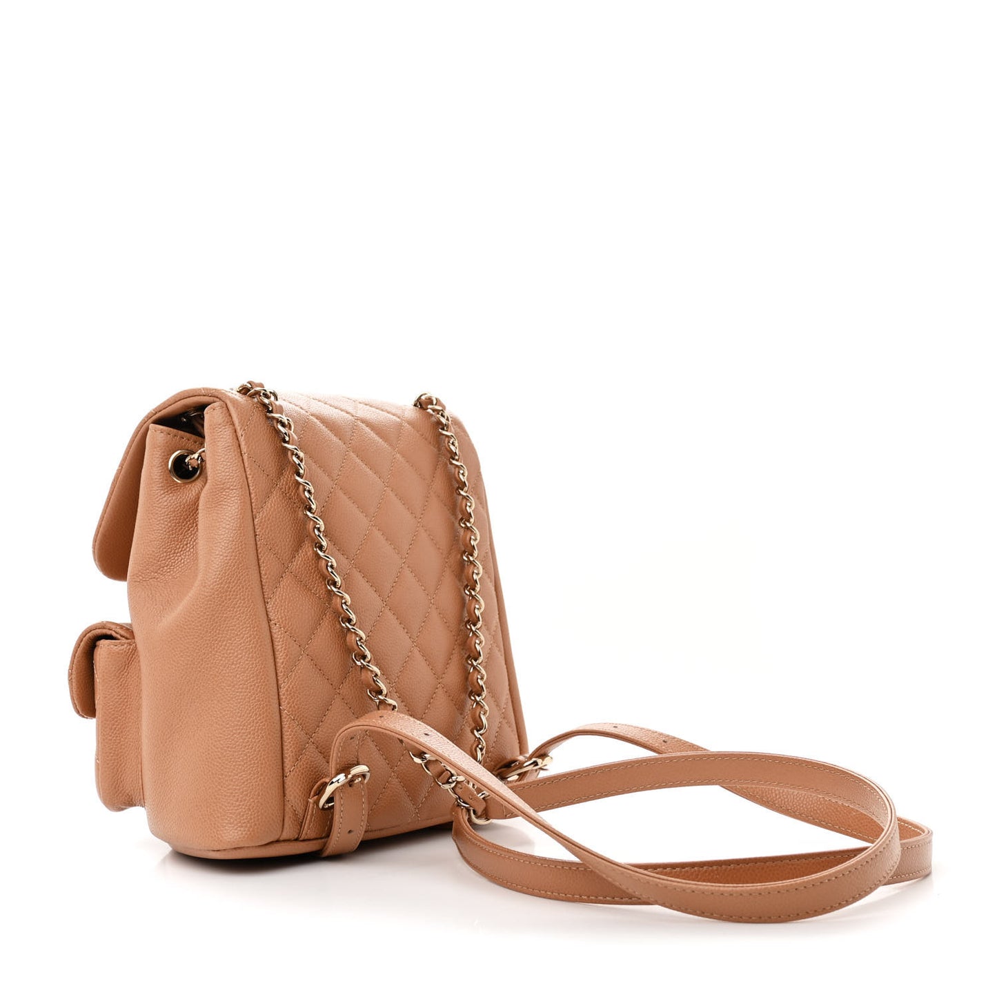 Shiny Caviar Quilted Small Duma Pockets Drawstring Backpack Dark Beige