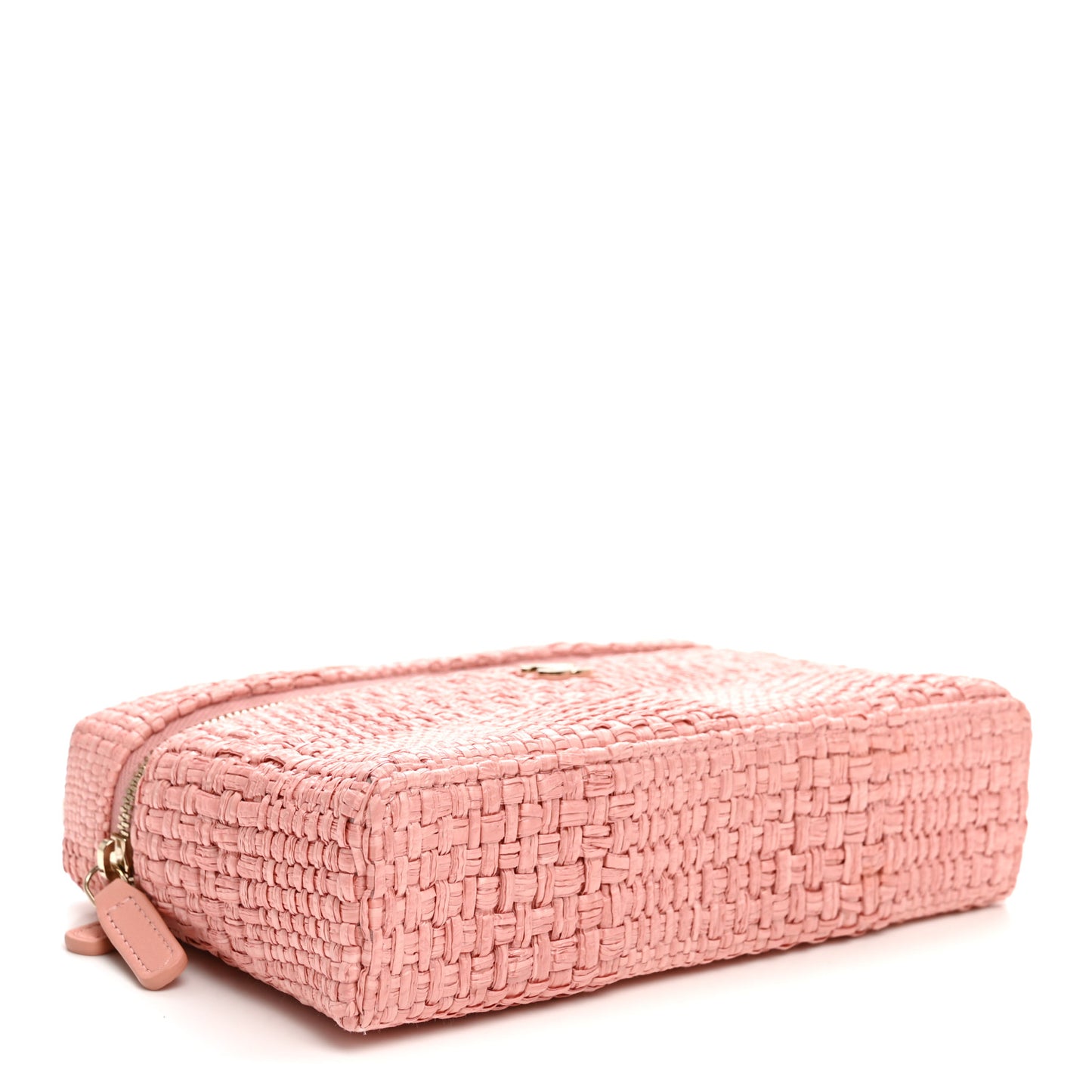 Braided Raffia Quilted Top Handle Slim Vanity Case With Chain Light Pink