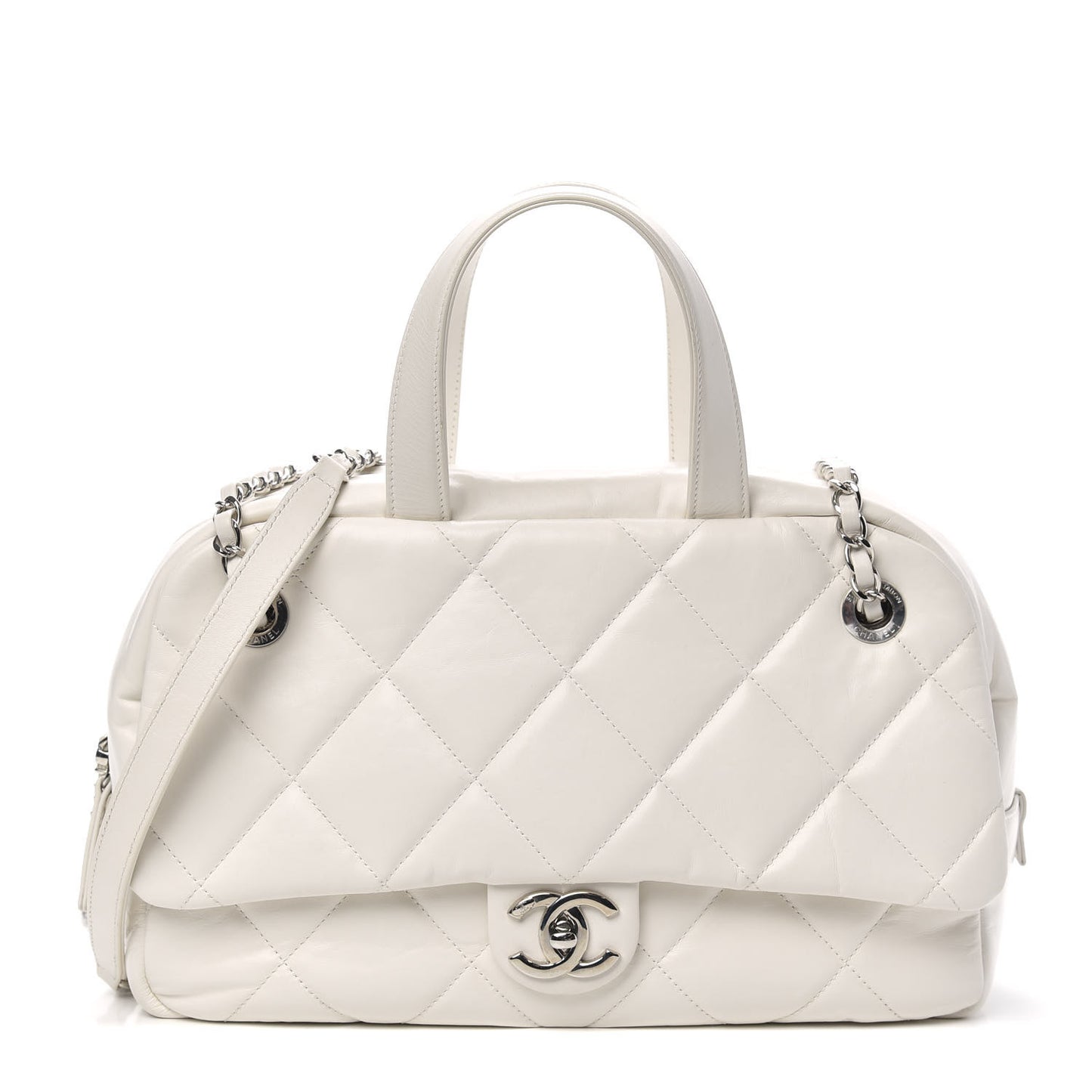 Aged Calfskin Quilted Small Express Bowling Bag White