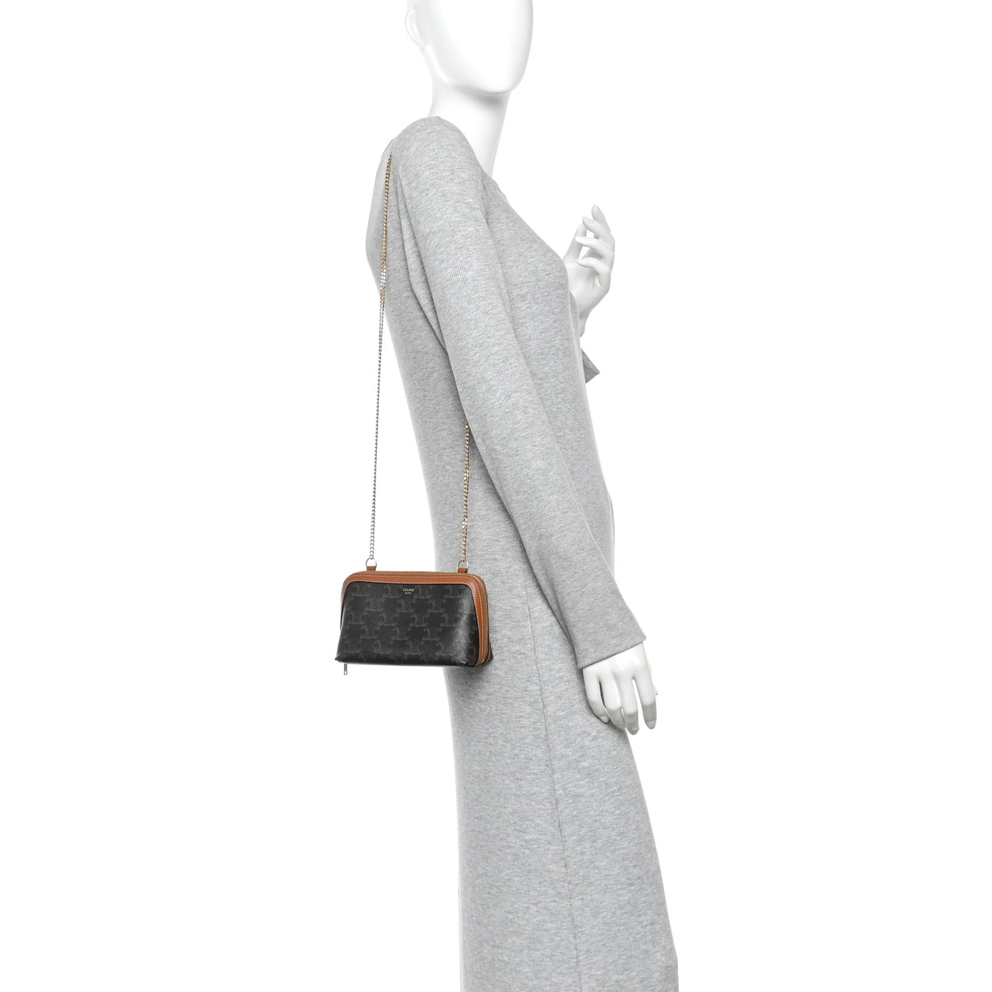 Triomphe Canvas Lambskin Clutch On Chain Tan