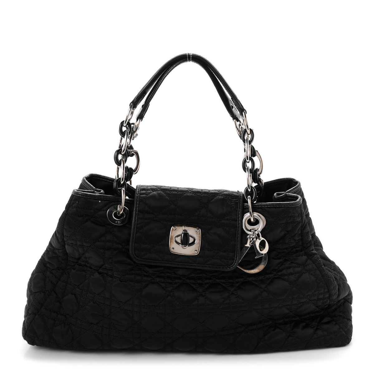 Satin Cannage Charming Lock Flap Shoulder Bag Black