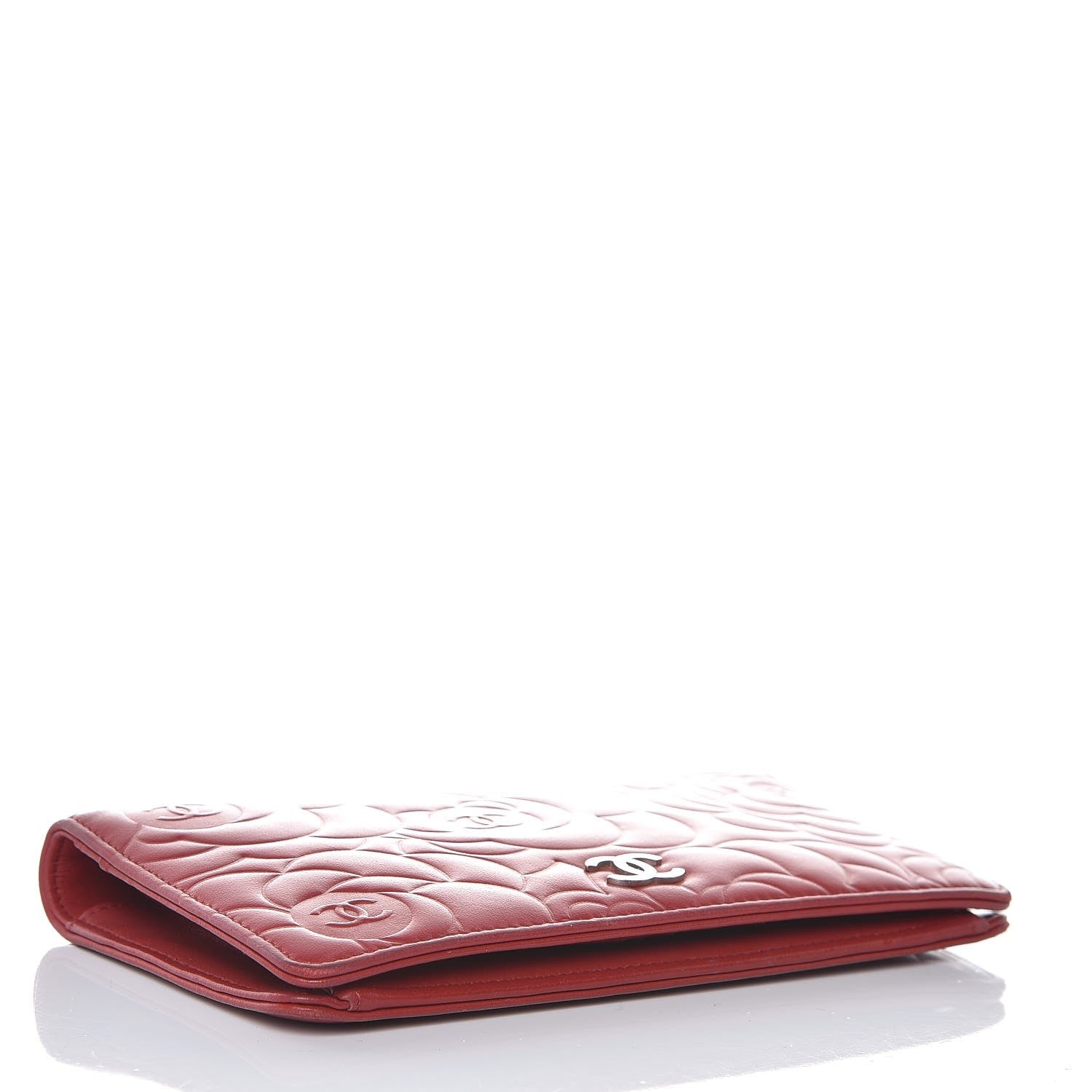 Chanel Lambskin Camellia Embossed Yen Wallet Dark Red 4 of 8