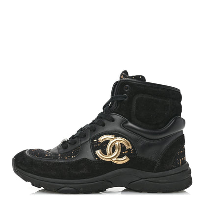 Chanel Velour Tweed CC High Top Sneakers 38 Black Gold 1 of 10