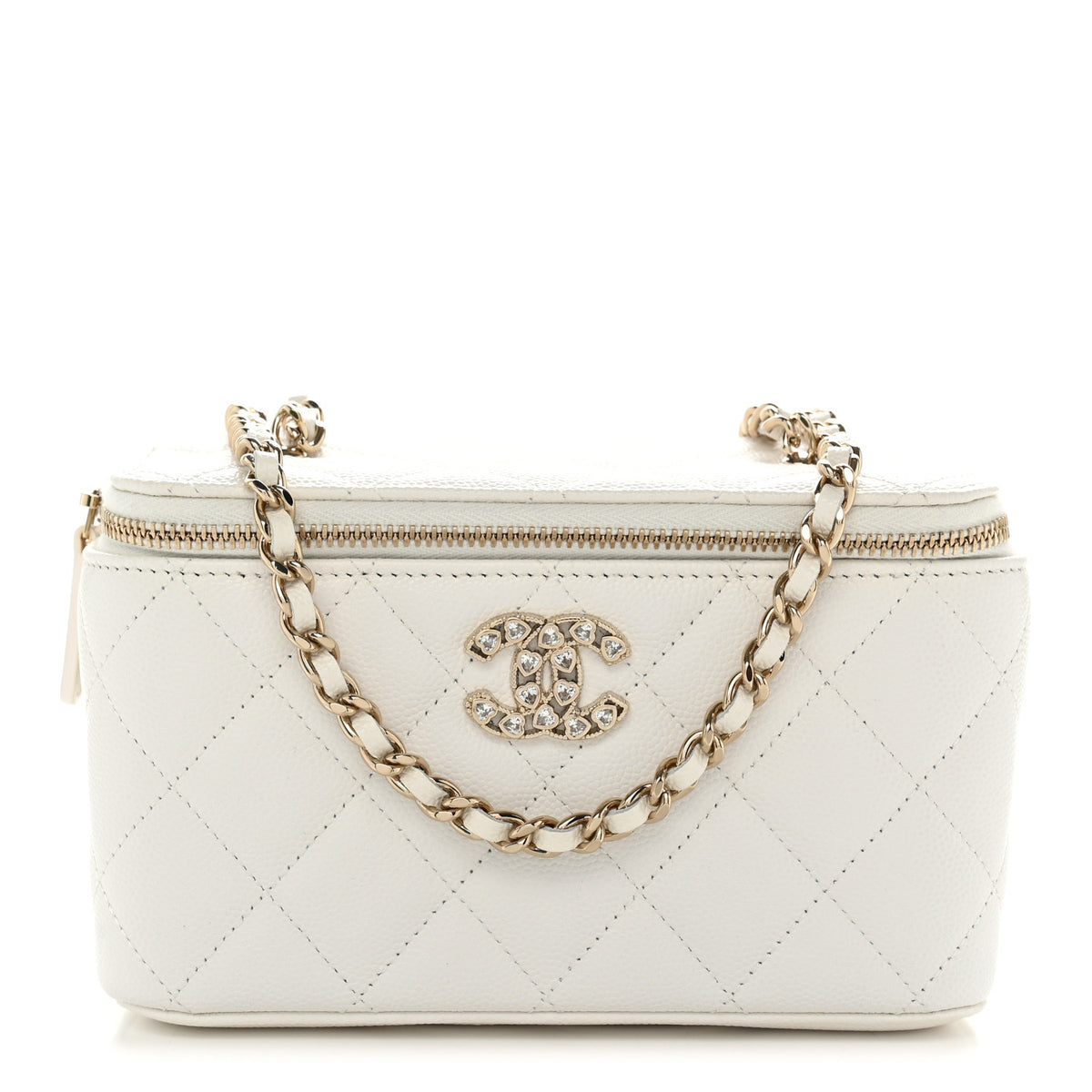 Caviar Quilted Crystal Hearts Small Vanity Case With Chain White