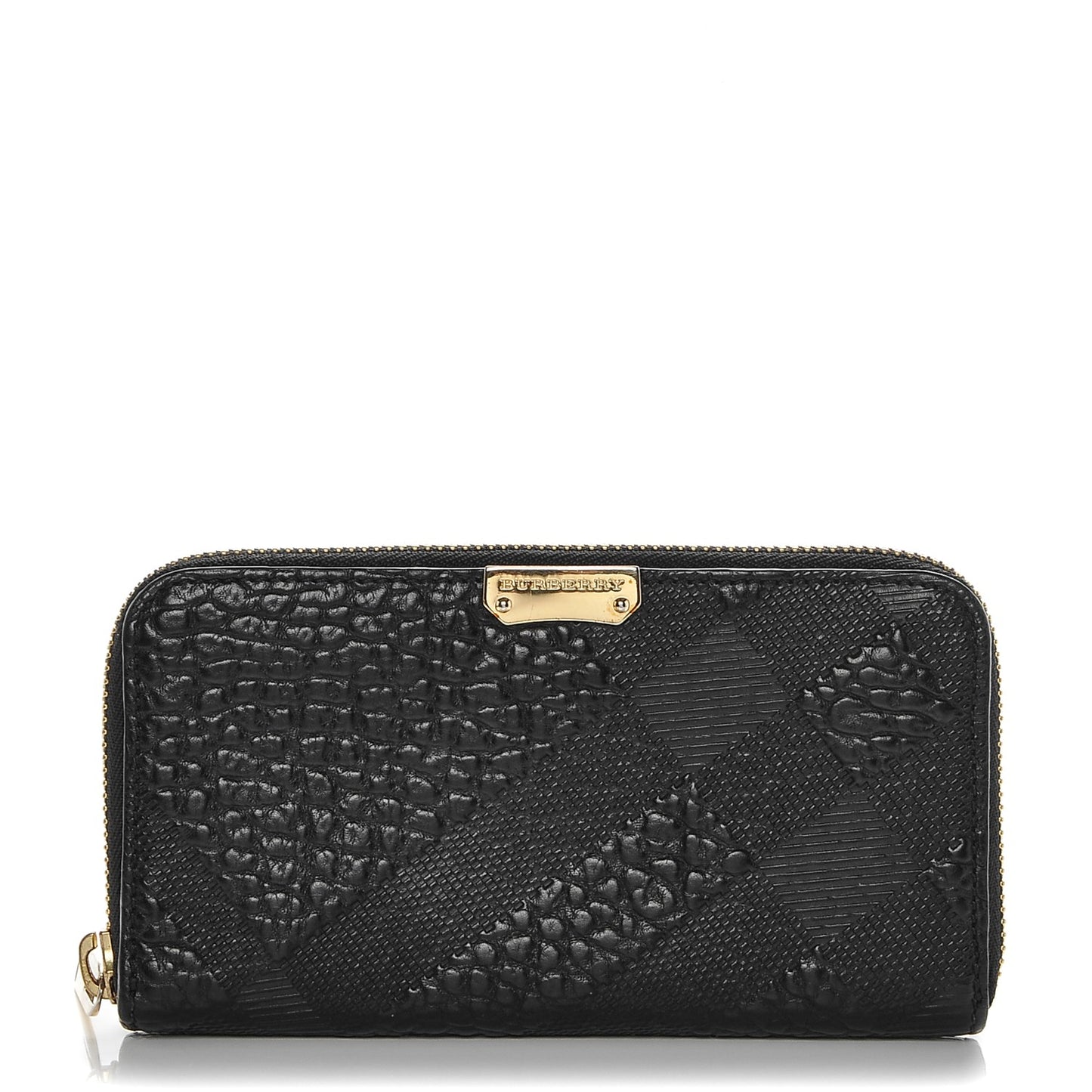 Grainy Calfskin Check Embossed Elmore Zip Around Wallet Black