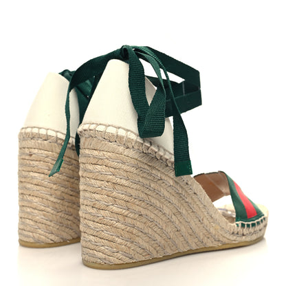 Gucci Canvas Malaga Kid Web Ankle Wrap Espadrille Wedge Sandals 39.5 Green Red Mystic White Emerald 4 of 10