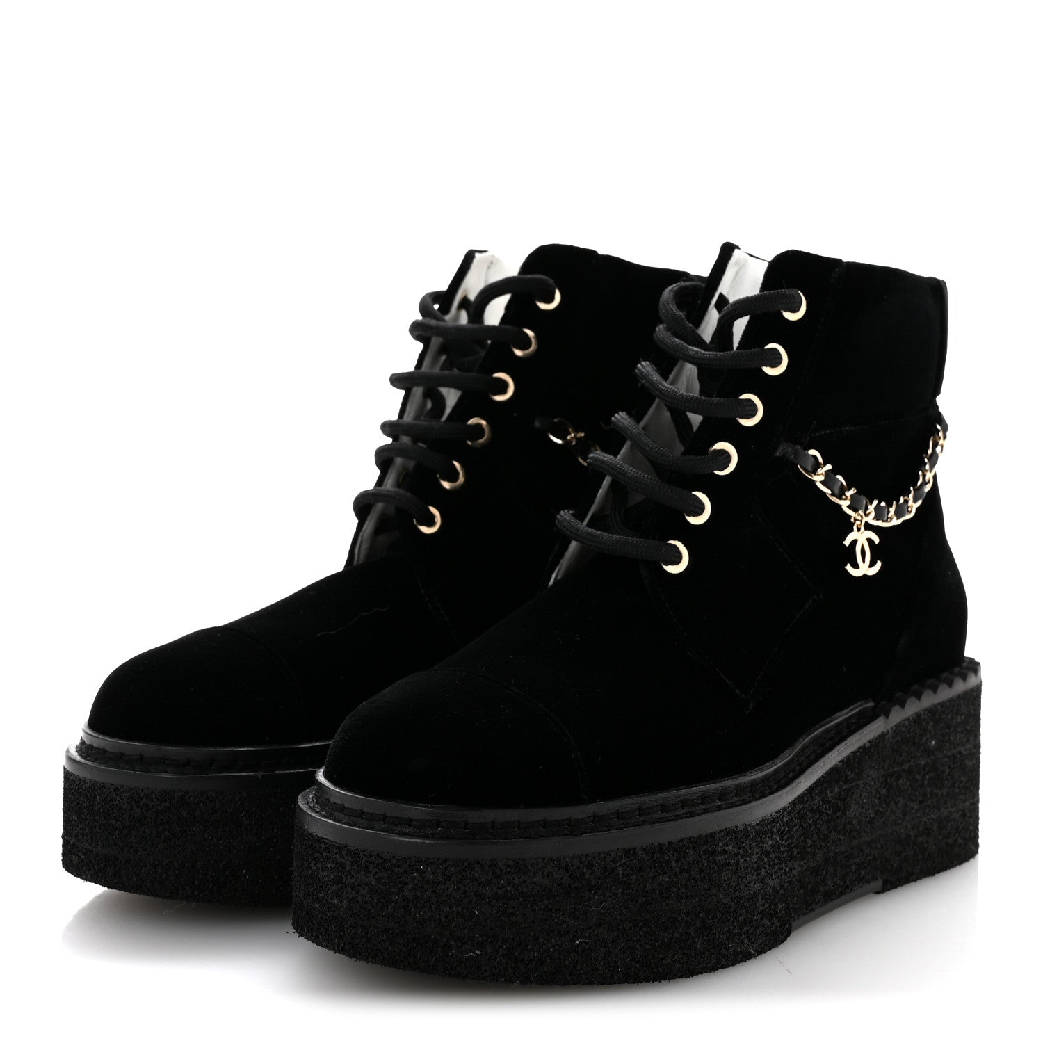 Chanel Velvet Chain Lace Up CC Short Boots 35.5 Black 4 of 10