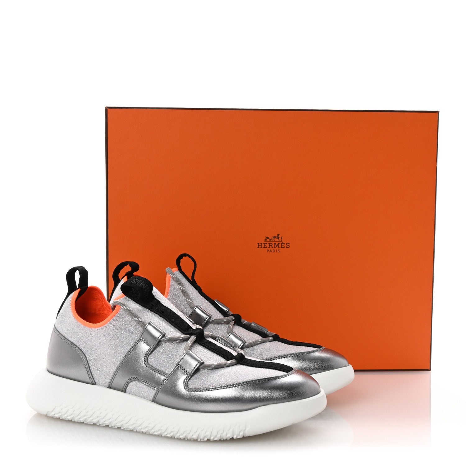 Hermes Knit Metallic Calfskin Womens Duel Sneakers 37.5 Argent Orange Black 10 of 10