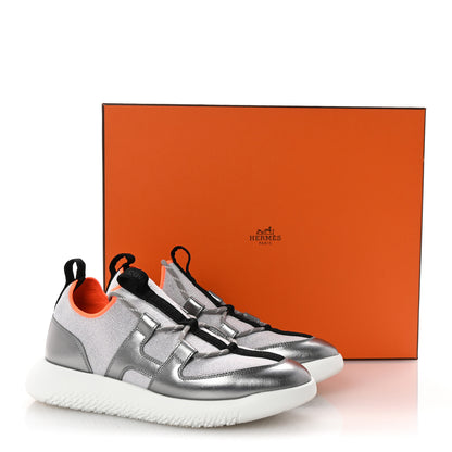 Hermes Knit Metallic Calfskin Womens Duel Sneakers 37.5 Argent Orange Black 10 of 10