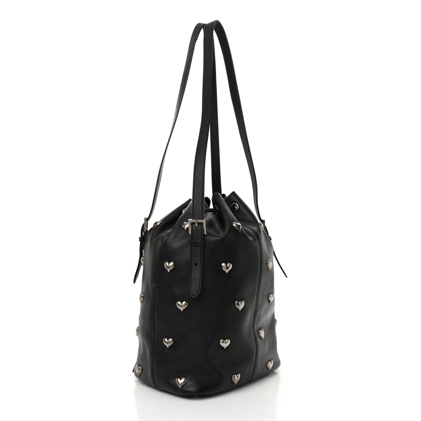 Lambskin Medium Heart Studded Riva Bucket Bag Black