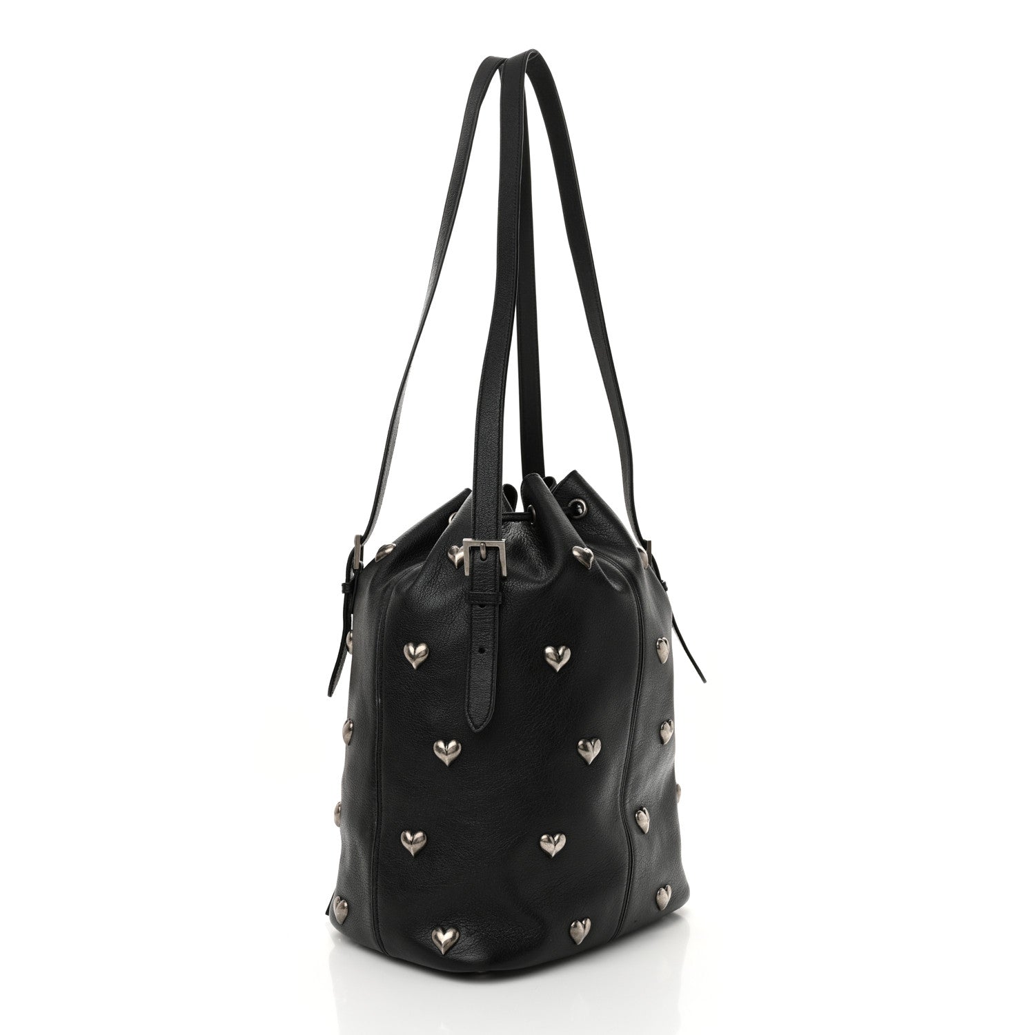 Saint Laurent Lambskin Medium Heart Studded Riva Bucket Bag Black 4 of 11