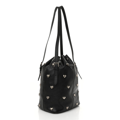 Saint Laurent Lambskin Medium Heart Studded Riva Bucket Bag Black 4 of 11