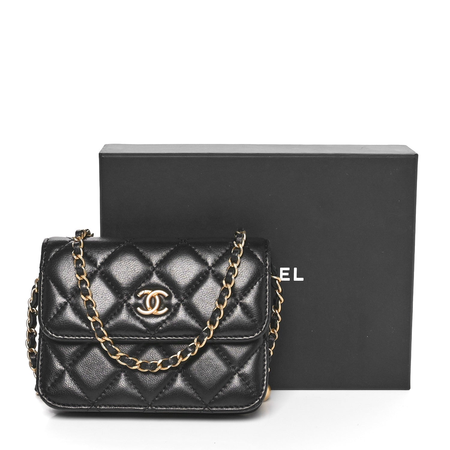 Chanel Lambskin Quilted CC Pearl Crush Card Holder With Chain Black 9 of 9