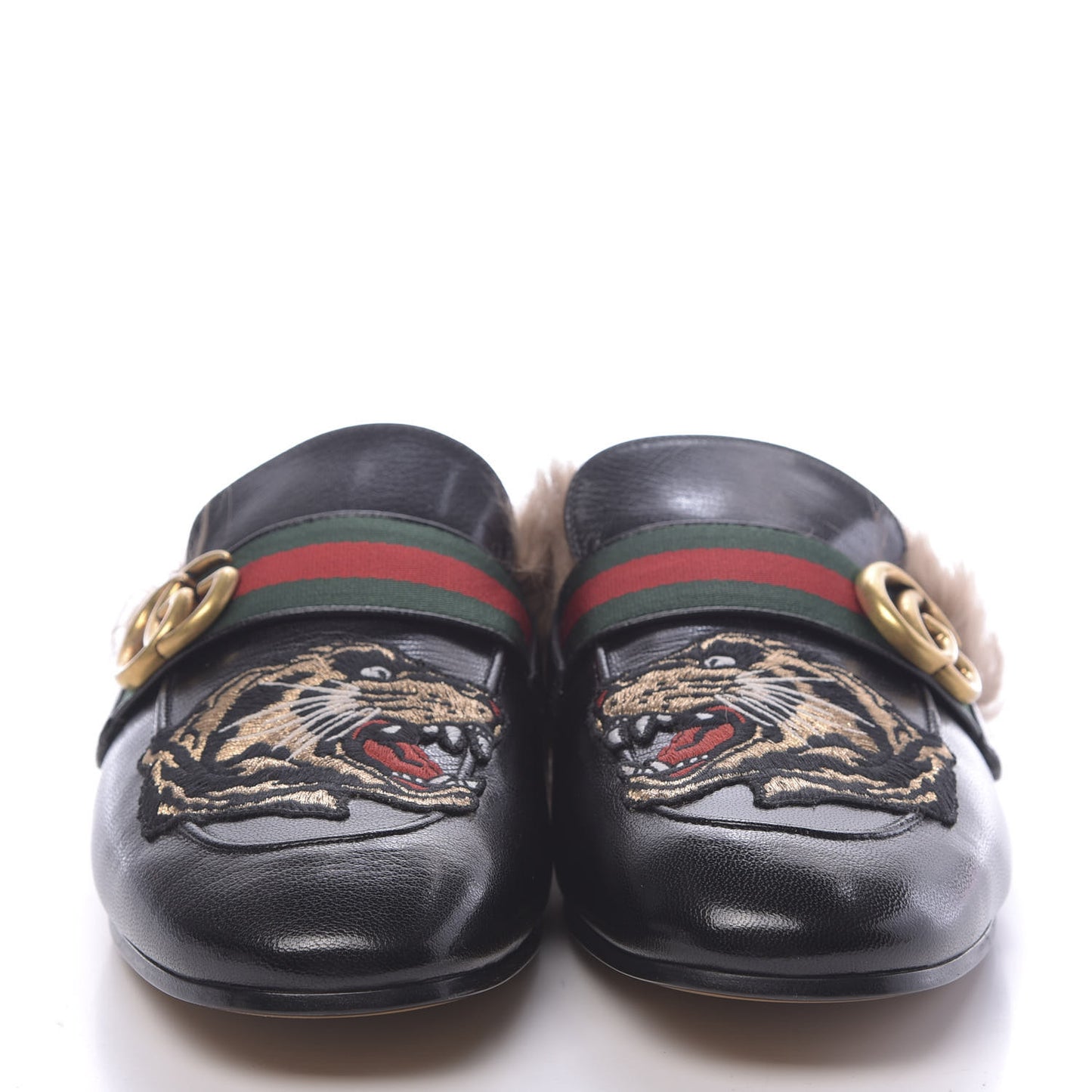 Goatskin Fur Web GG Tiger Embroidered Mens Princetown Slippers 8 Black