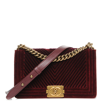 Chanel Velvet Chevron Quilted Medium Boy Flap Burgundy 1 of 9