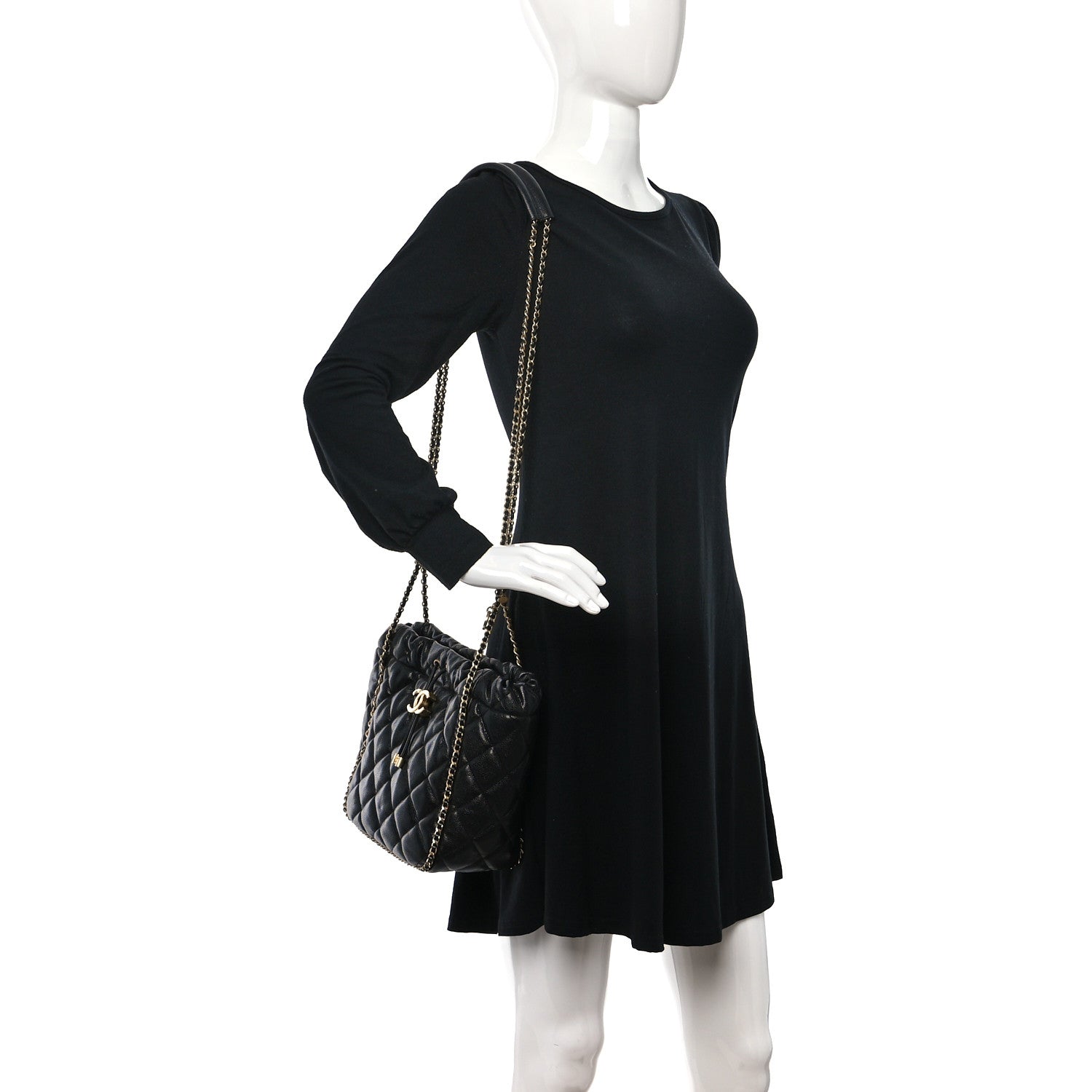 Chanel Caviar Quilted Chain Around Multi Chain Bucket Drawstring Bag Black 3 of 8