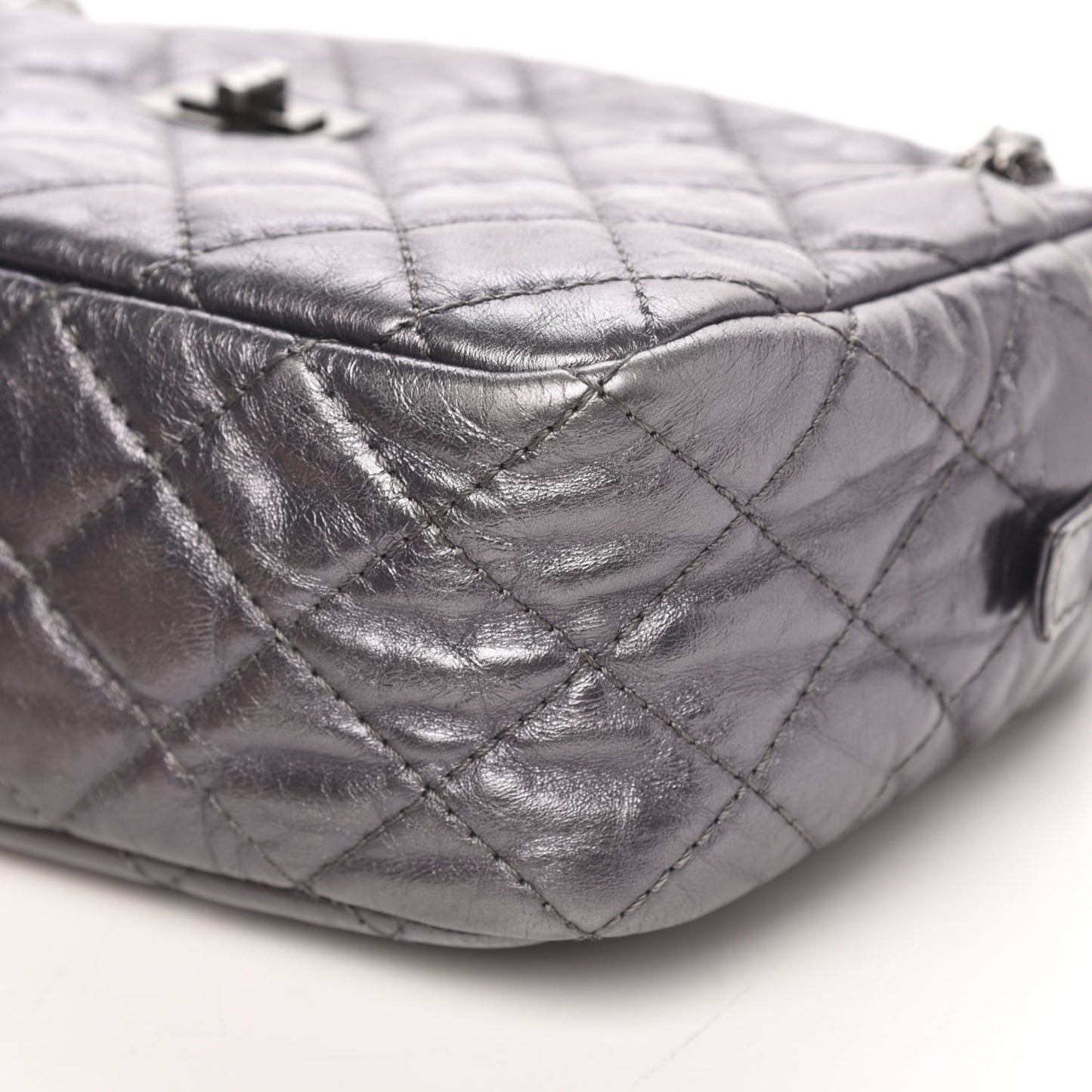 Metallic Aged Calfskin Quilted Medium Reissue Camera Case Dark Silver