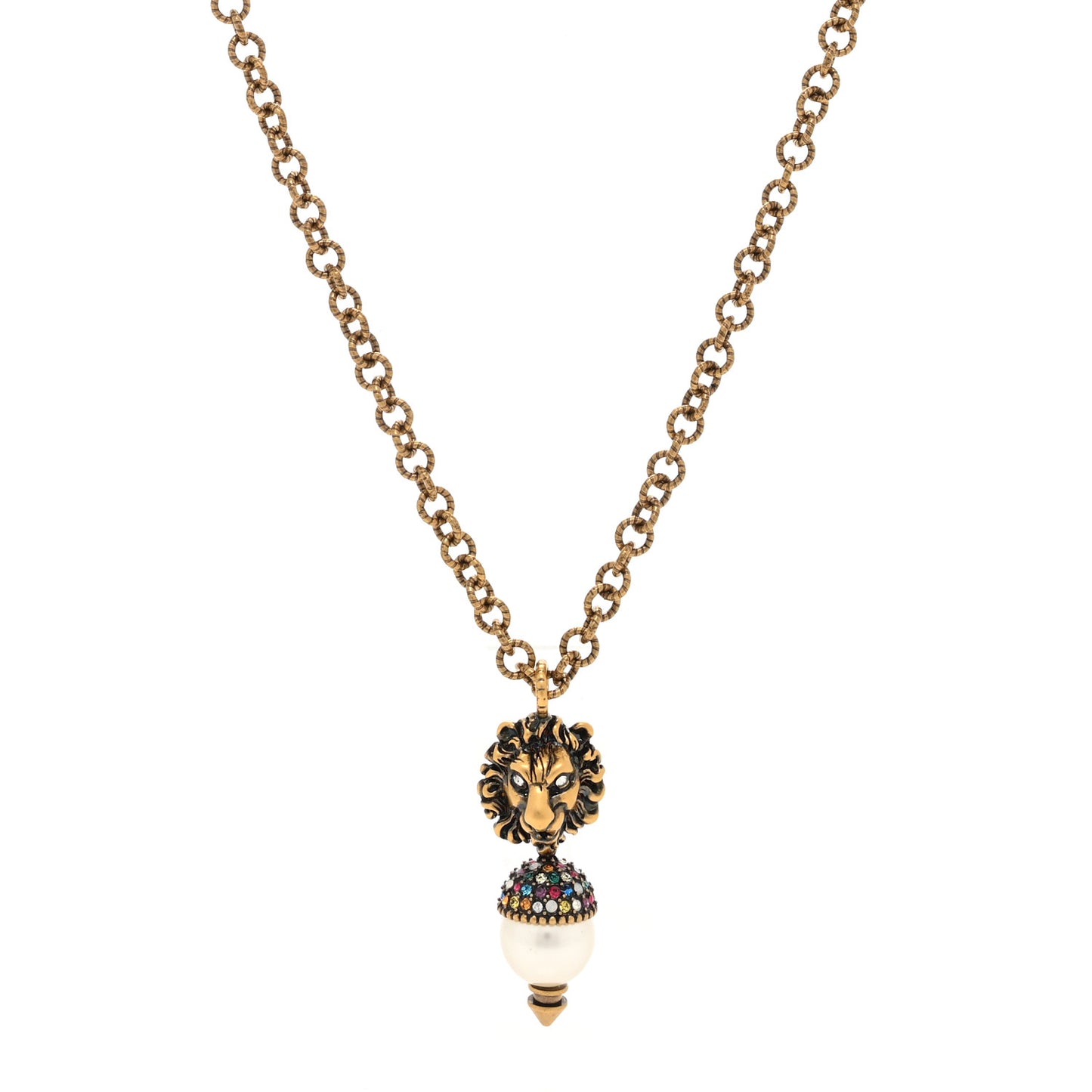 Metal Crystal Pearl Lion Head Necklace Aged Gold