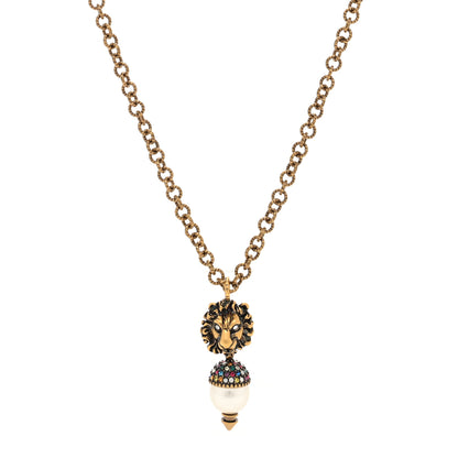 Gucci Metal Crystal Pearl Lion Head Necklace Aged Gold 1 of 5