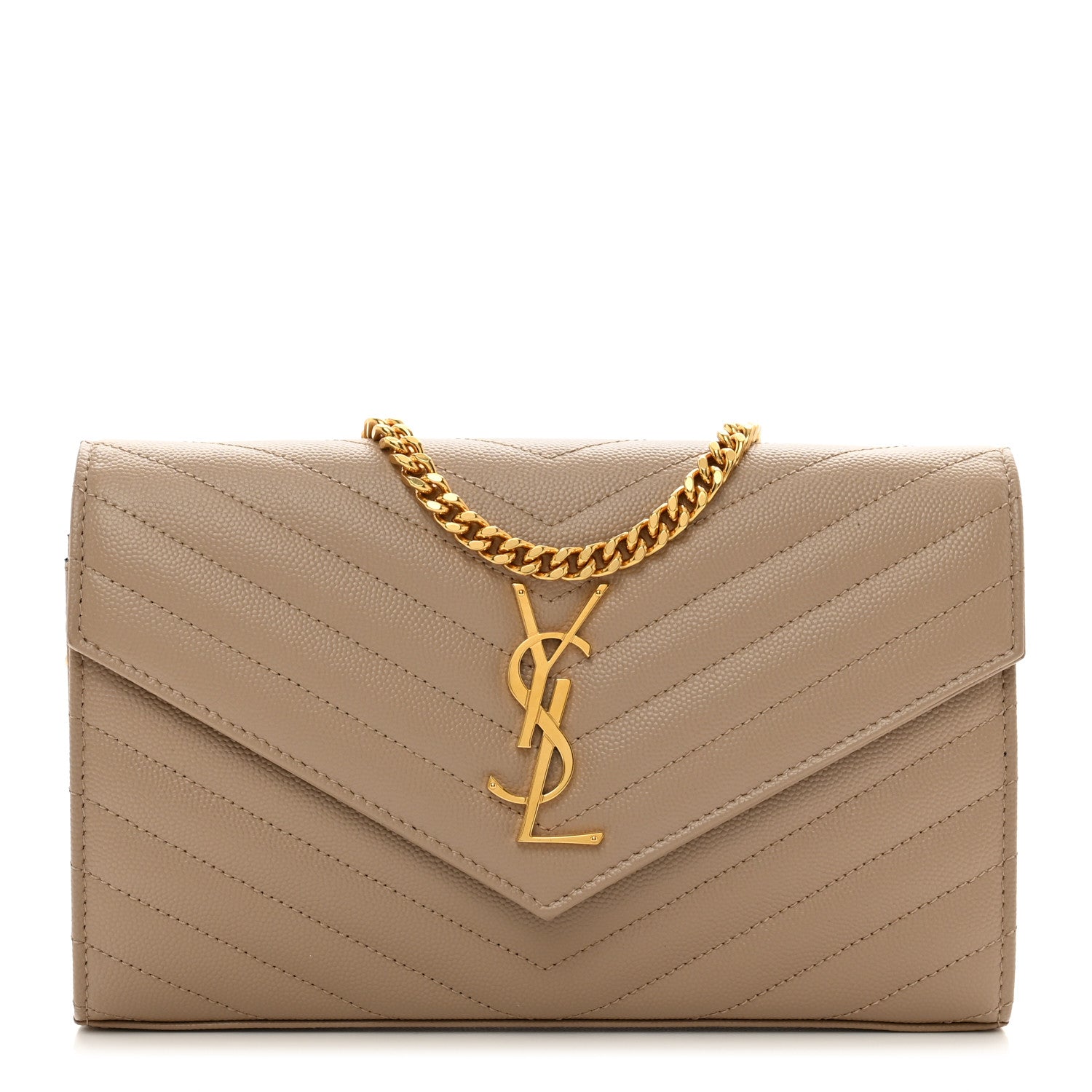 Saint Laurent Grain De Poudre Matelasse Chevron Monogram Chain Wallet Dark Beige 1 of 10