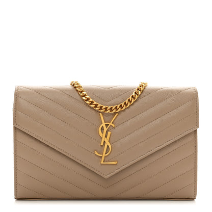 Saint Laurent Grain De Poudre Matelasse Chevron Monogram Chain Wallet Dark Beige 1 of 10