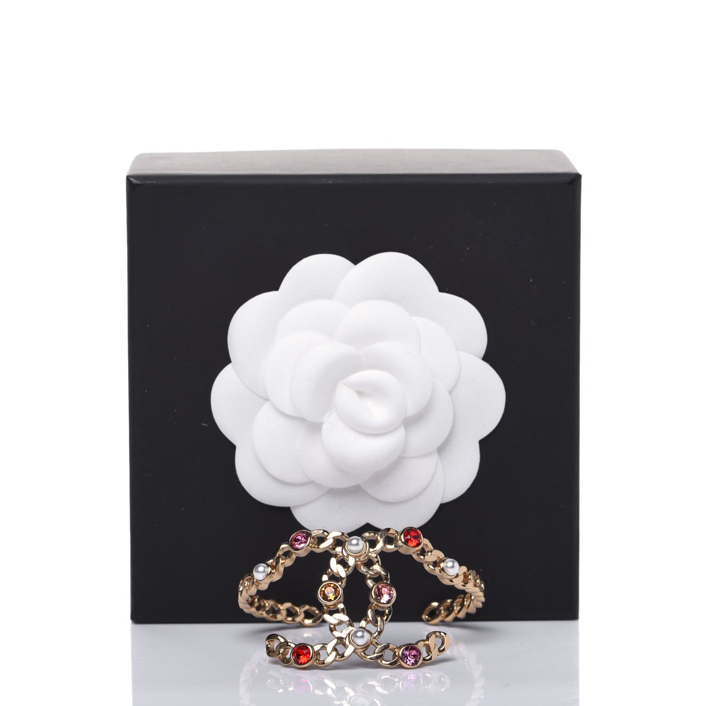 Metal Pearl Crystal Chain CC Cuff Bracelet Gold