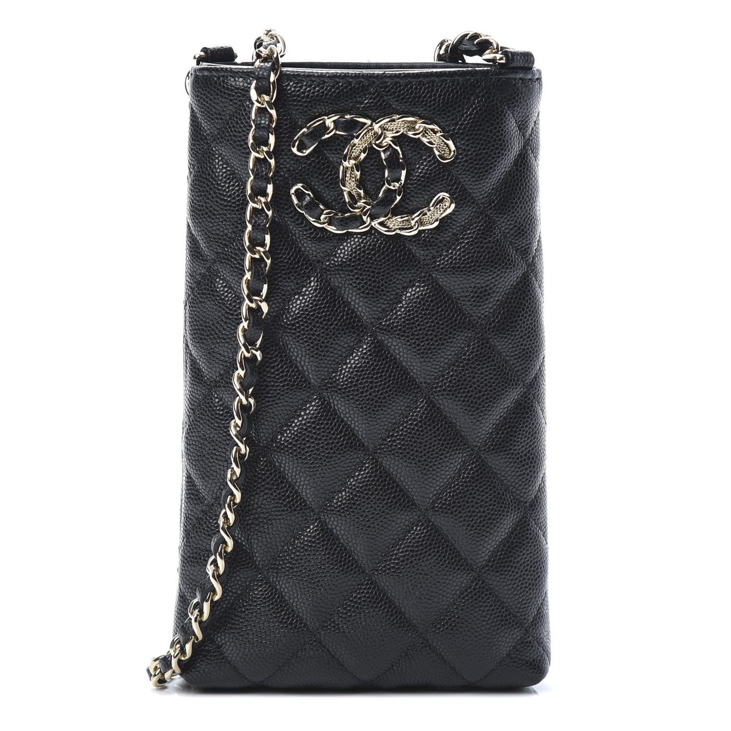 Caviar Quilted French New Wave Phone Holder With Chain Black