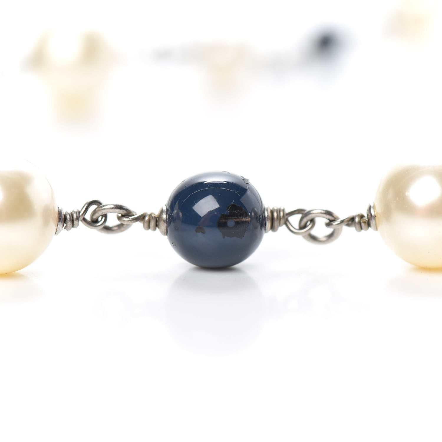 Chanel Pearl Bead CC Long Necklace Blue Silver 4 of 6