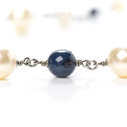 Chanel Pearl Bead CC Long Necklace Blue Silver 4 of 6