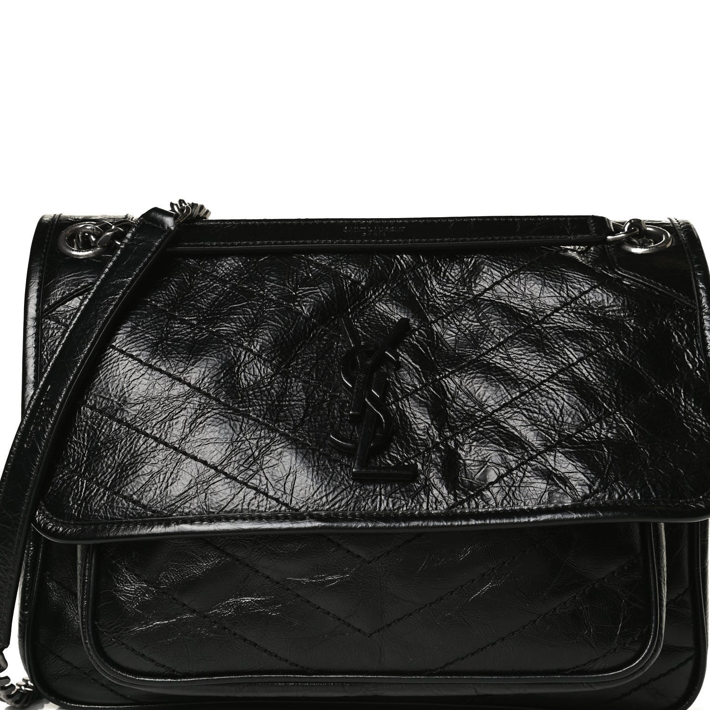 Crinkled Calfskin Matelasse Monogram Medium Niki Chain Satchel Black