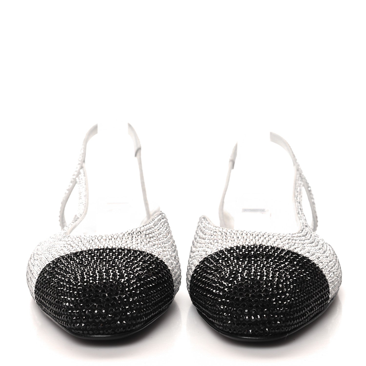 Chanel Strass Grosgrain Cap Toe CC Slingback Flats 38 Silver Black 2 of 9