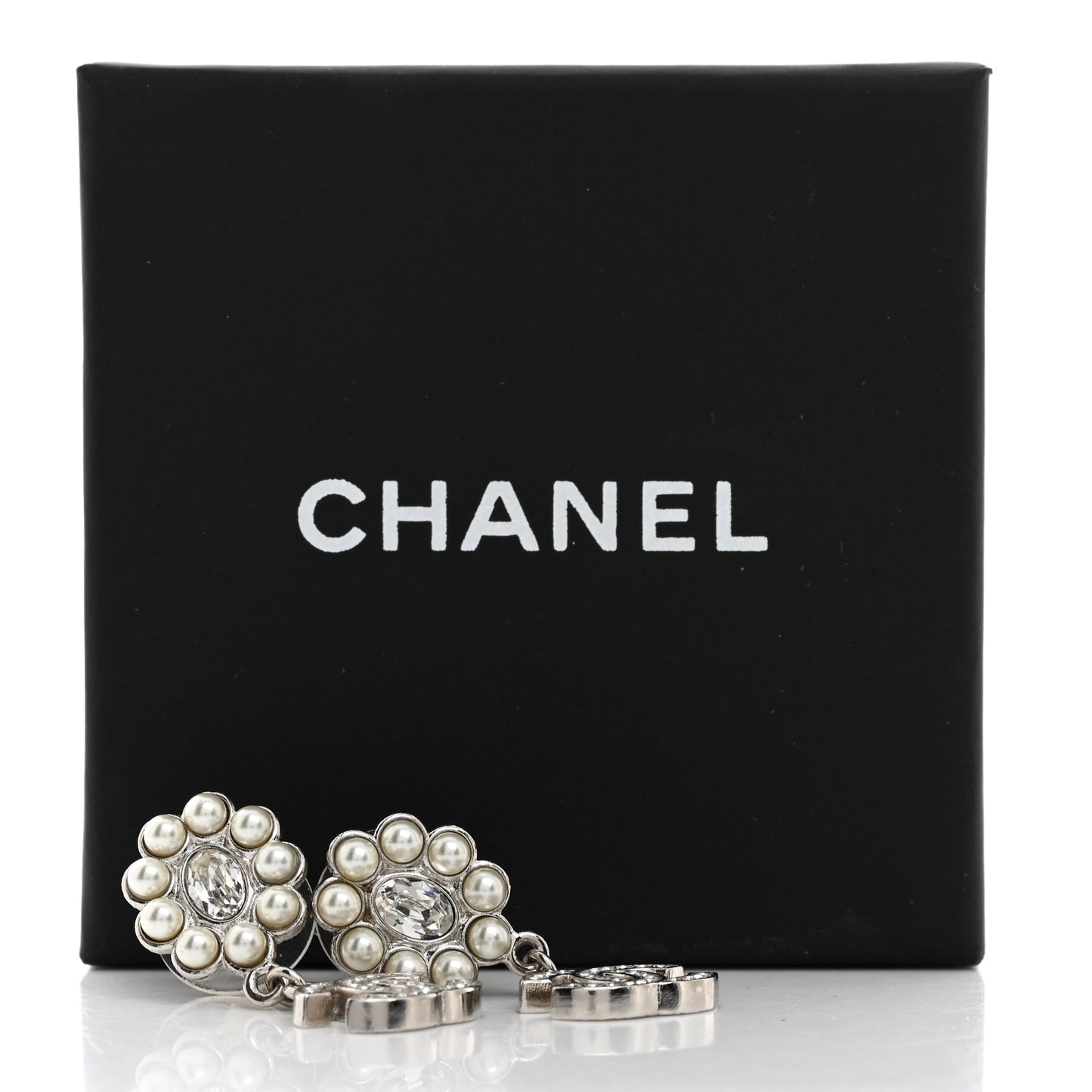 Crystal Pearl Coco Mark CC Drop Earrings Silver