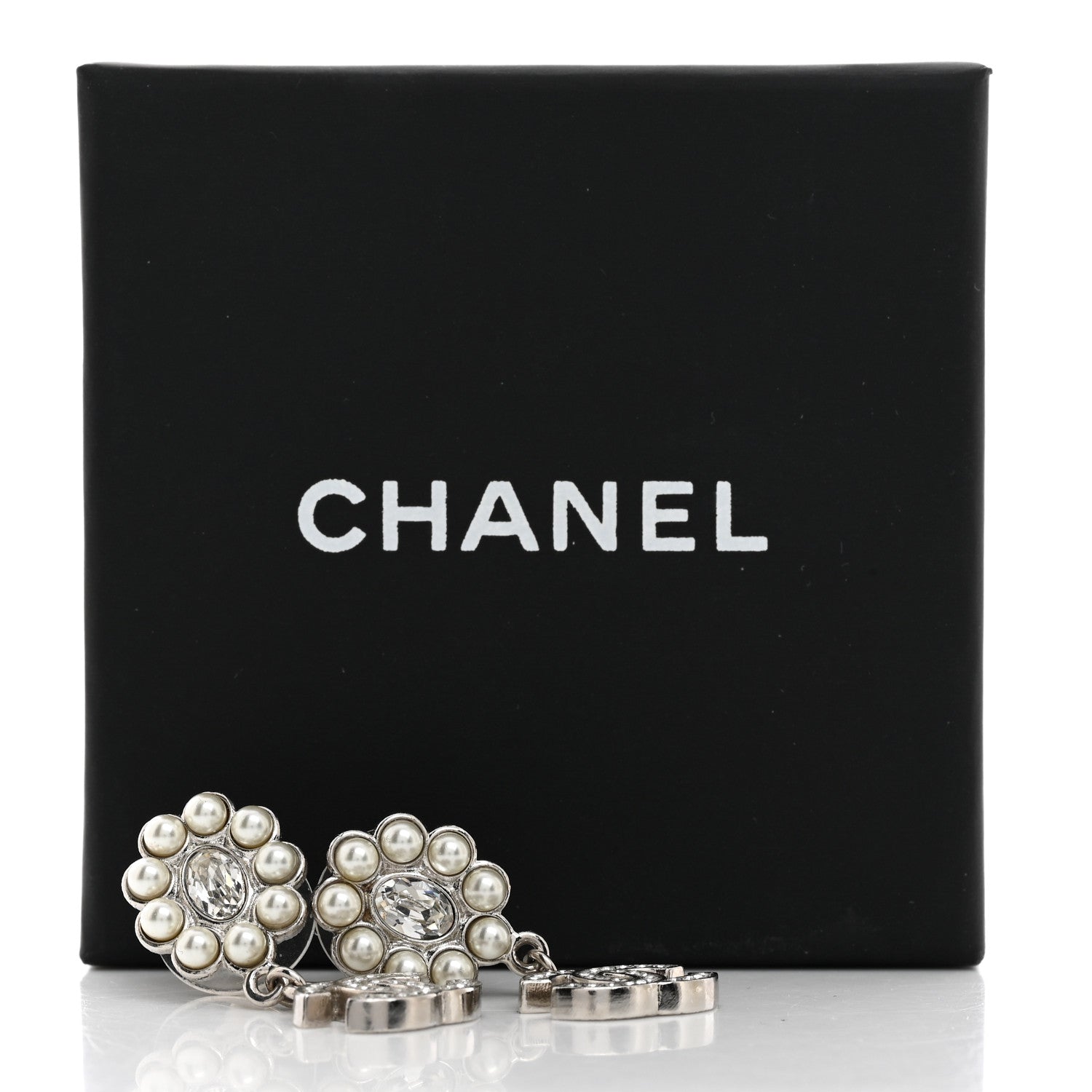 Chanel Crystal Pearl Coco Mark CC Drop Earrings Silver 5 of 5