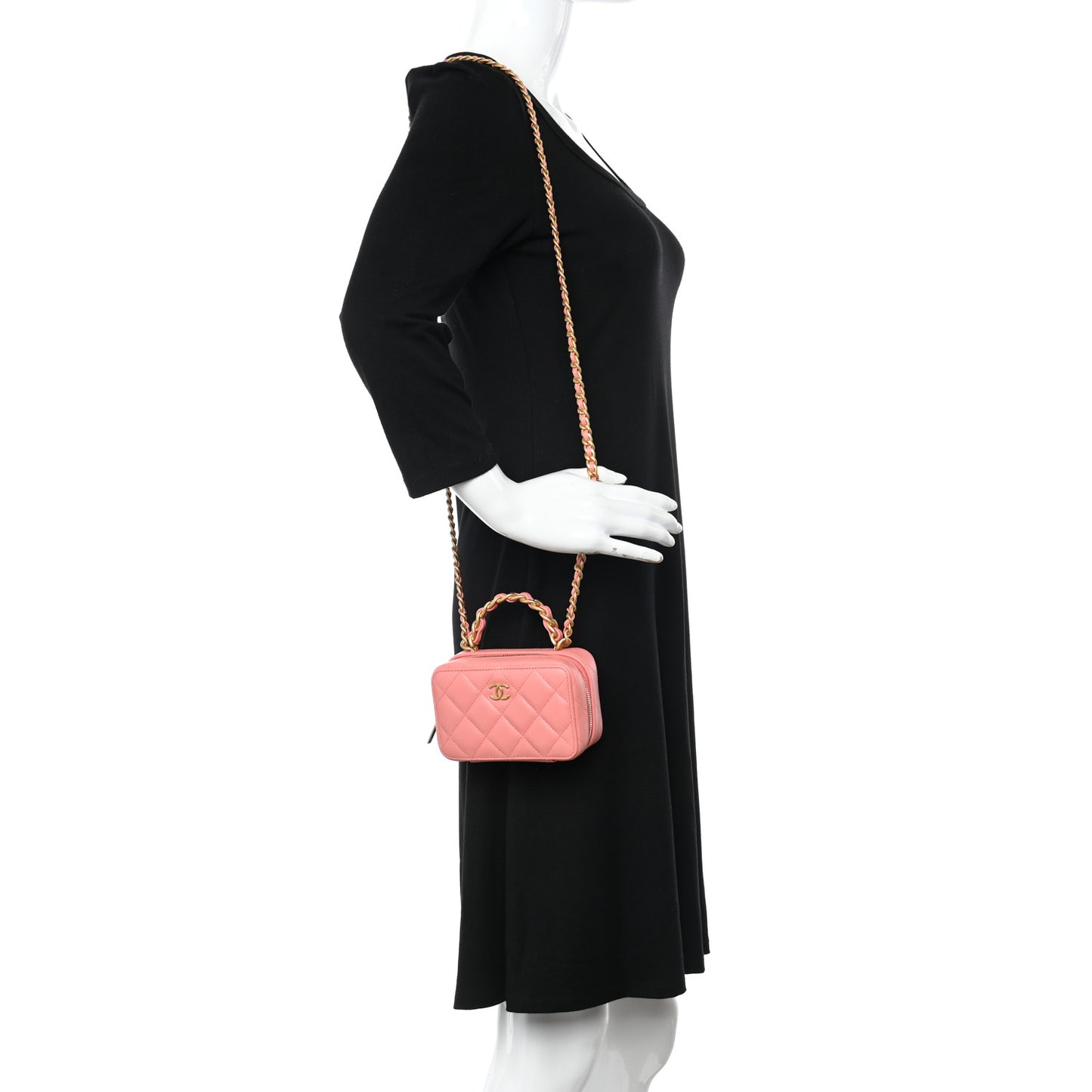 Lambskin Quilted Top Handle Mini Vanity Case Pink