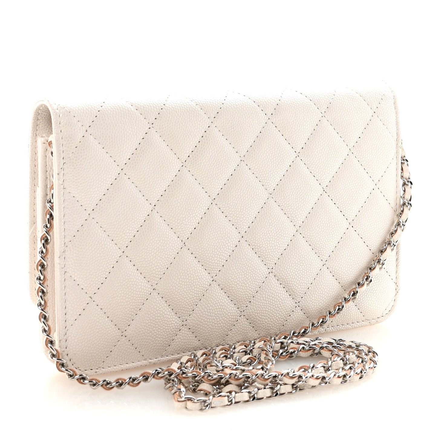 Iridescent Caviar Quilted Golden Class Wallet On Chain WOC White