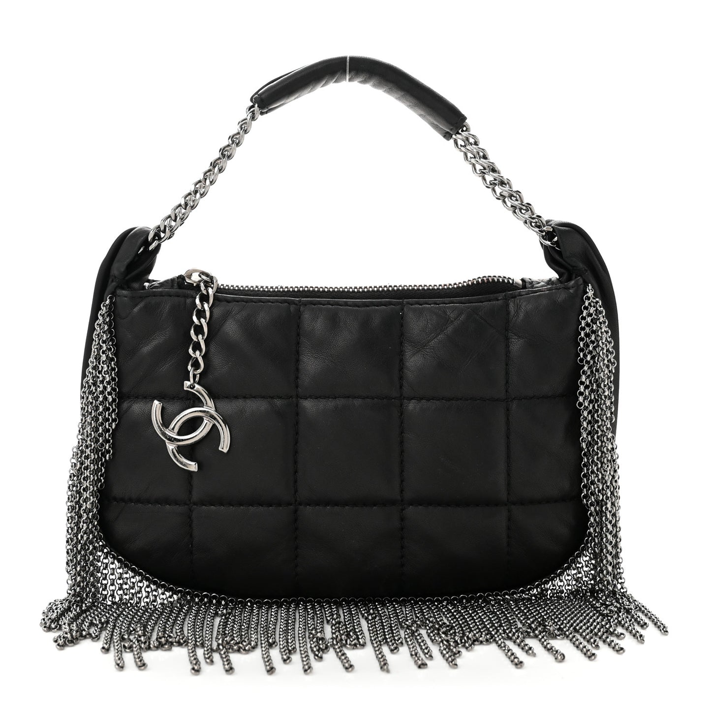 Lambskin Square Quilted Chain Fringe Pochette Black