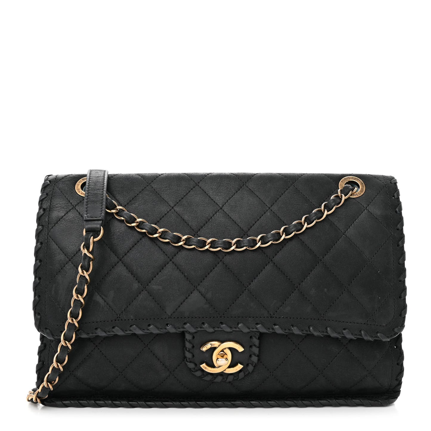 Suede Calfskin Jumbo Happy Stitch Flap Black