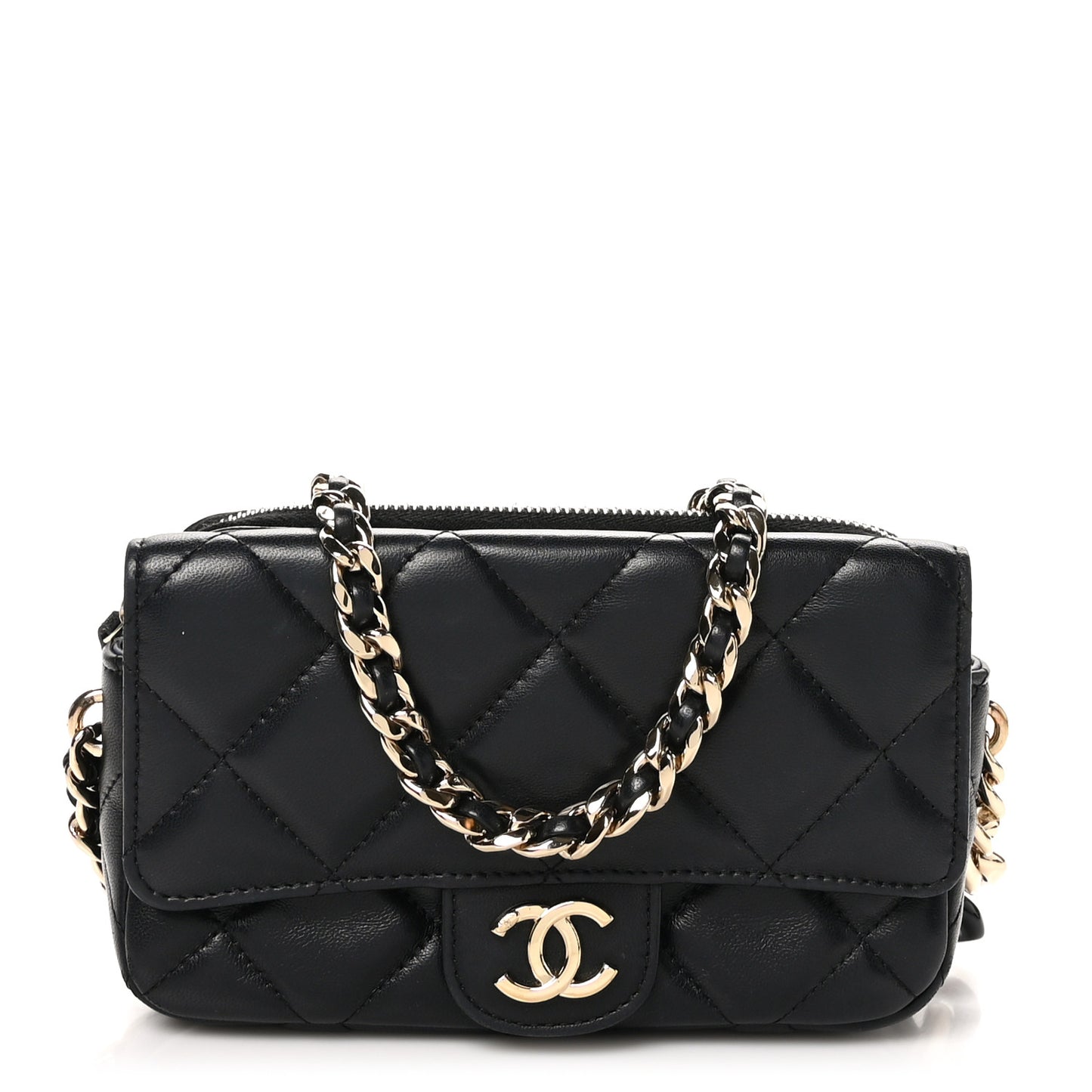 Lambskin Quilted Resin Bi-Color Flap Phone Holder With Chain Black