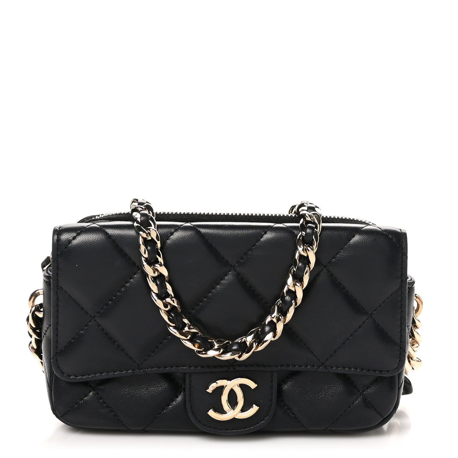 Chanel Lambskin Quilted Resin Bi-Color Flap Phone Holder With Chain Black 1 of 12