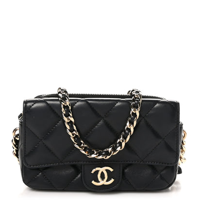 Chanel Lambskin Quilted Resin Bi-Color Flap Phone Holder With Chain Black 1 of 12