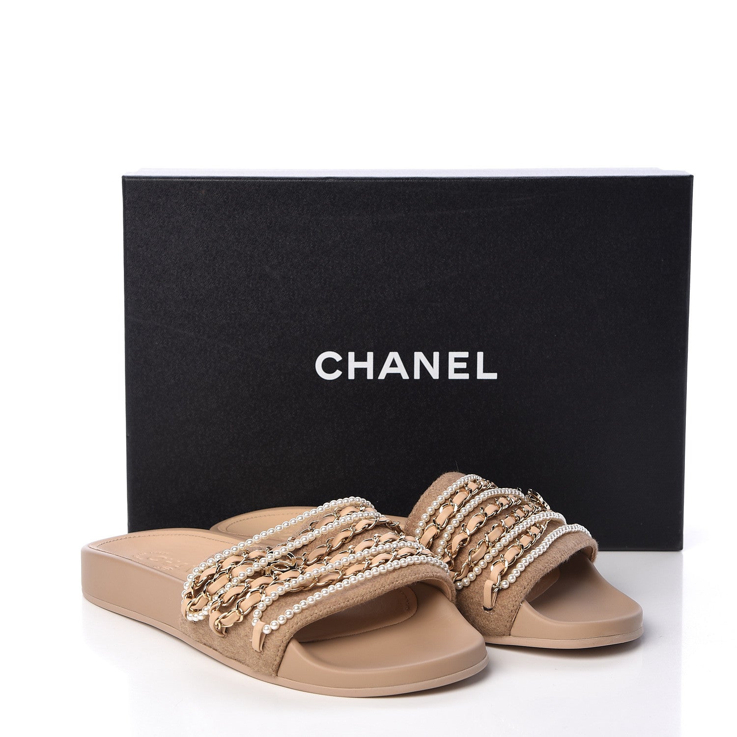 Chanel Tweed Pearl Chain Flat Sandals 38 Beige 8 of 8