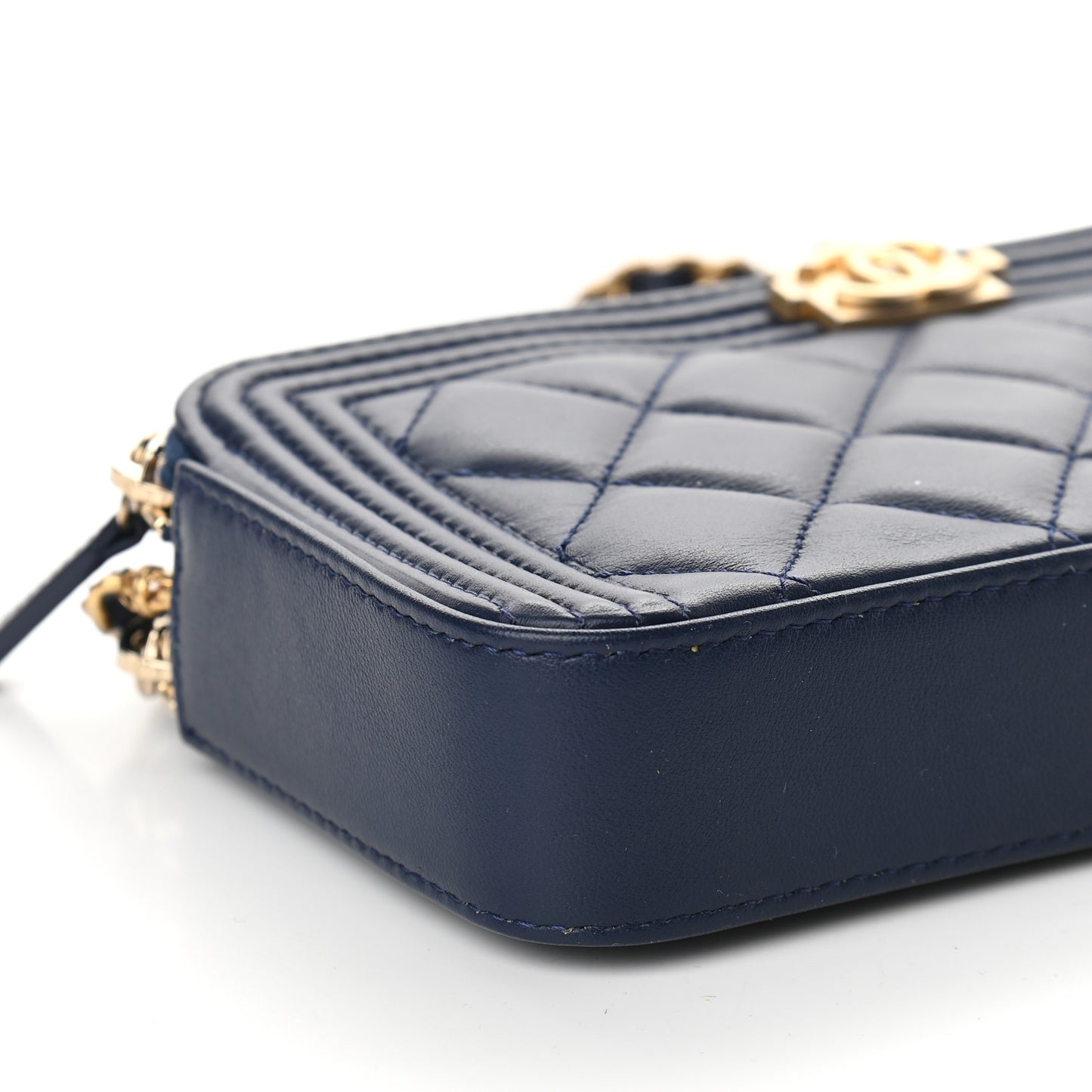 Lambskin Quilted Small Boy Clutch With Chain Navy